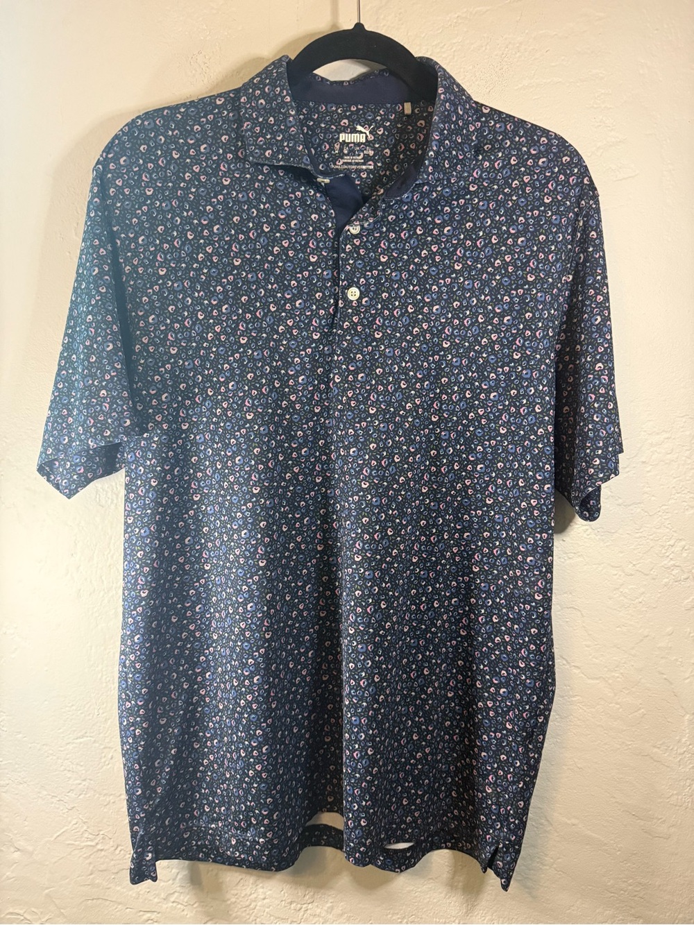 Puma Men’s Navy Polo with Pink and White Micro Floral Print